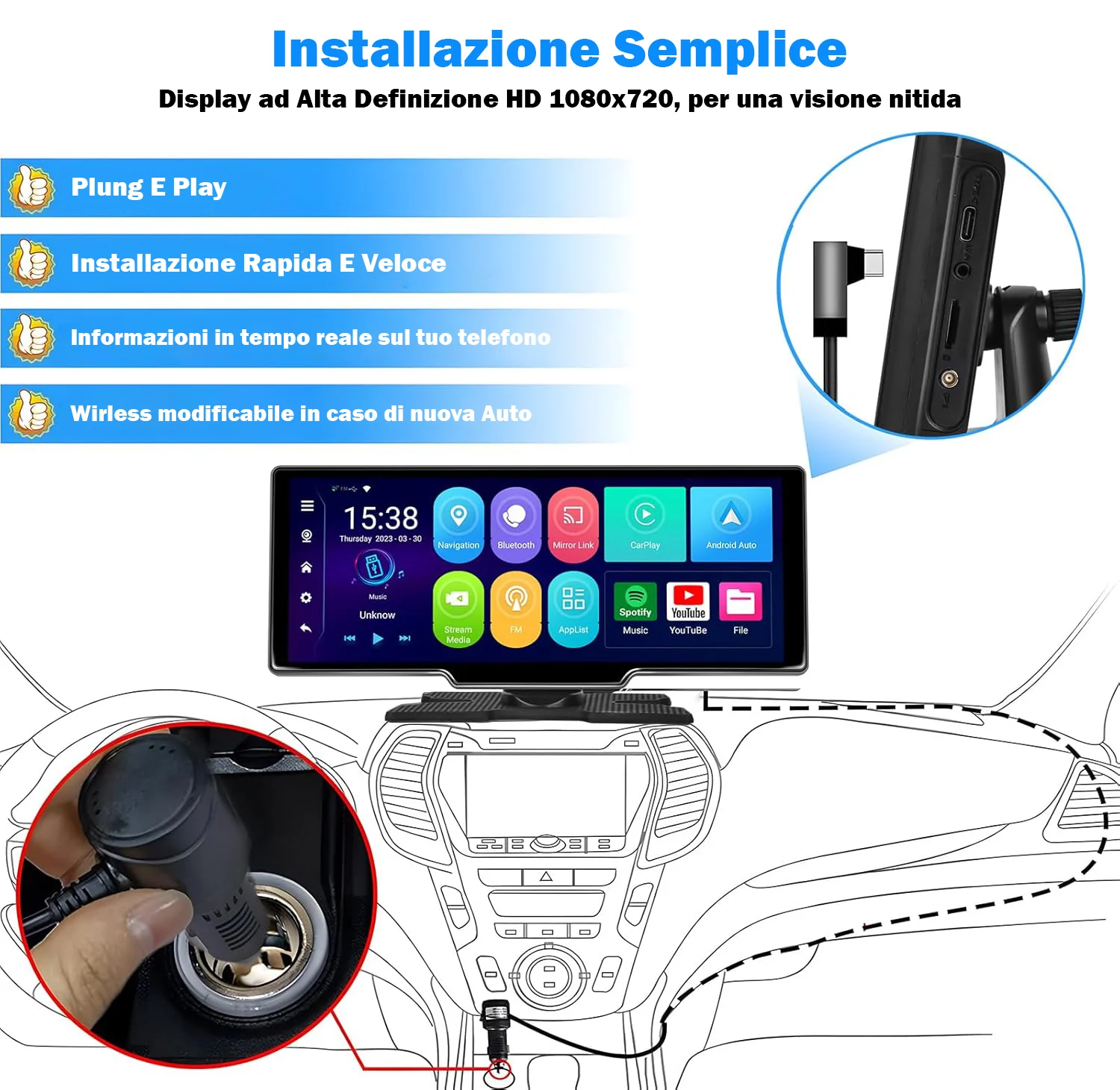Autoradio Wireless Apple Carplay & Android Auto Tocuchscreen 10,26 Pollici Portatile ,7-32V Monitor con A-pple Airplay/Assistente Vocale/Bluetooth/Trasmettitore FM/AUX/TF Card - Image 5