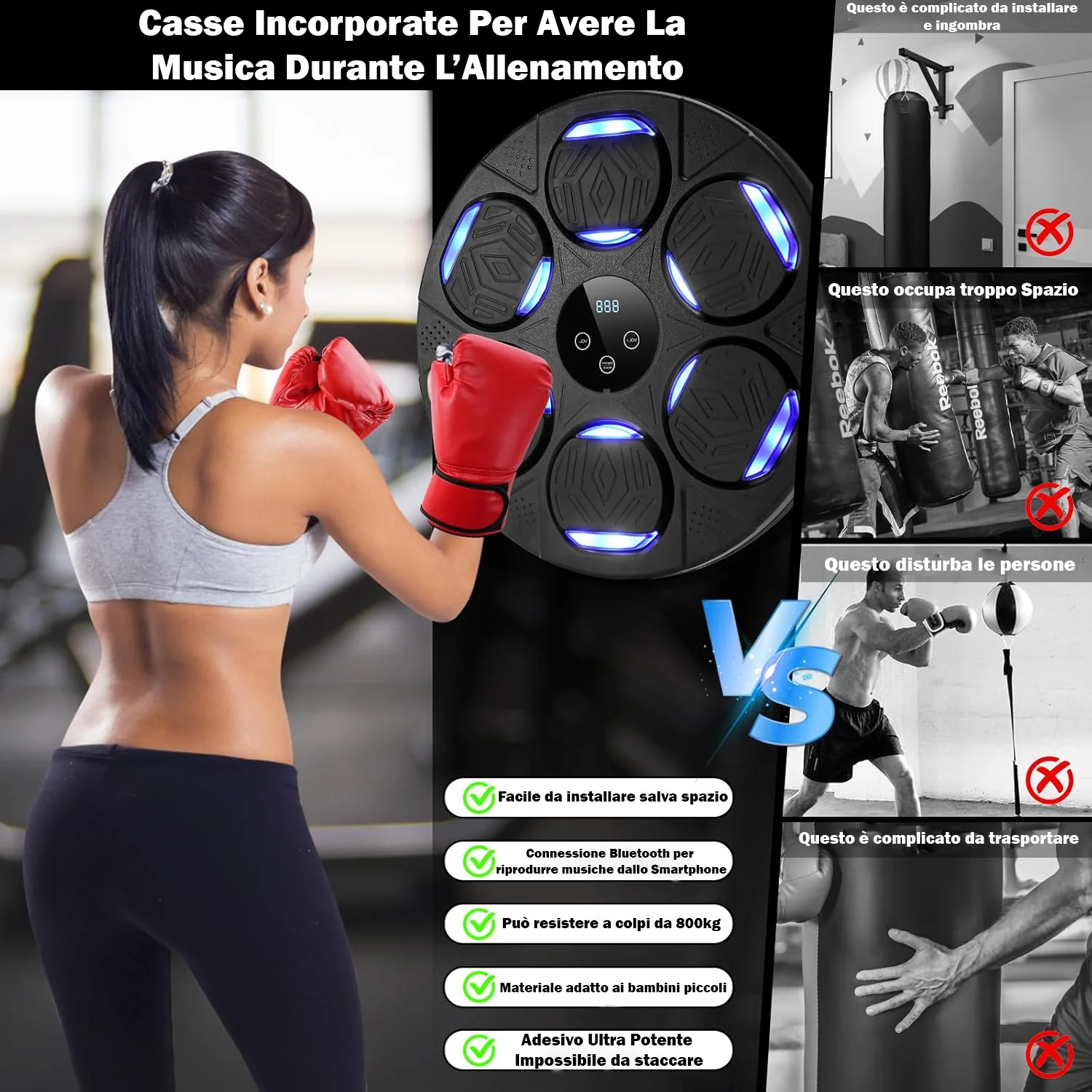 Boxing Machine Montato A Parete Con Luce Led Ricaricabile Bluetooth, Attrezzatura Allenamento da Boxe Con Guantoni - Image 5