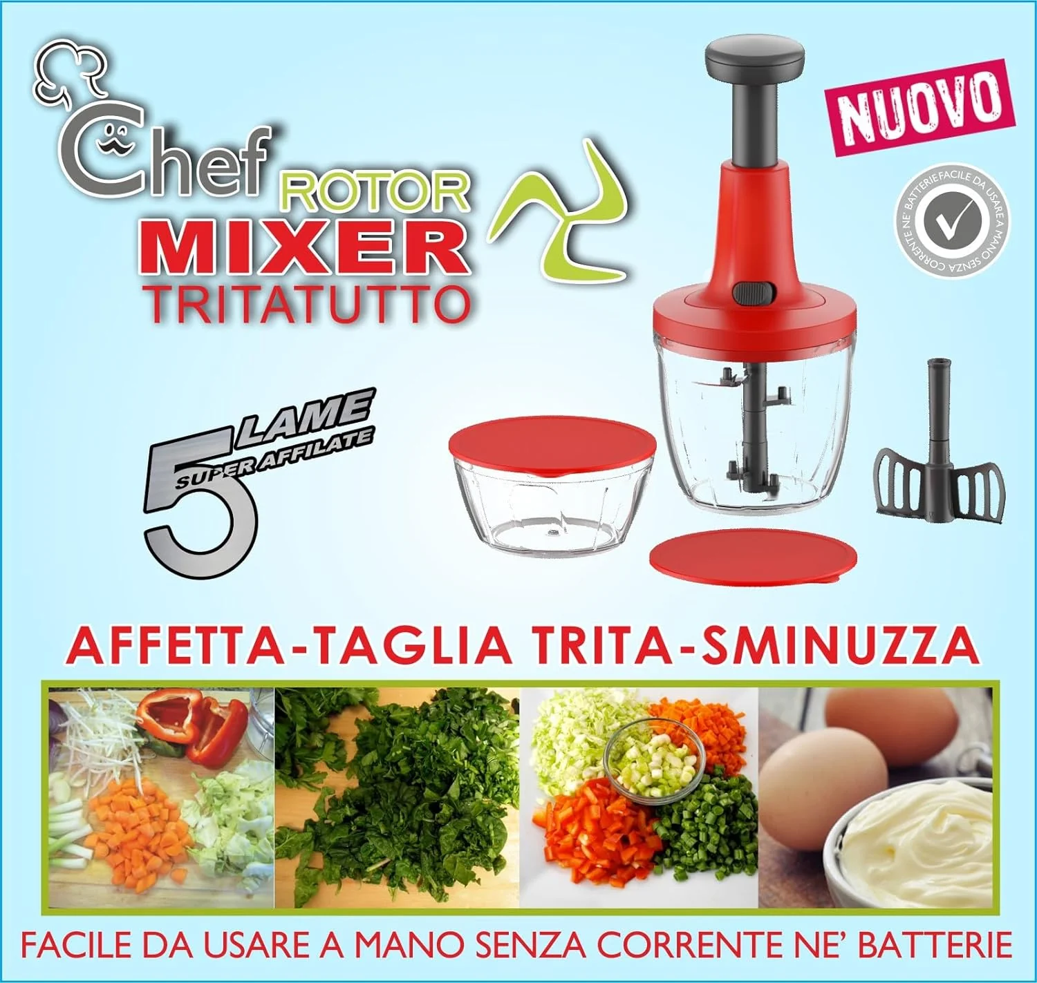 Mixer Tritatutto Manuale, 5 Lame acciaio Inox, Trita Verdure Manuale, Frullatore Manuale Taglio di Cipolla Manuale Tritaverdure da Cucina, press Chopper, 2 Contenitori 900 + 500 ml - Image 4