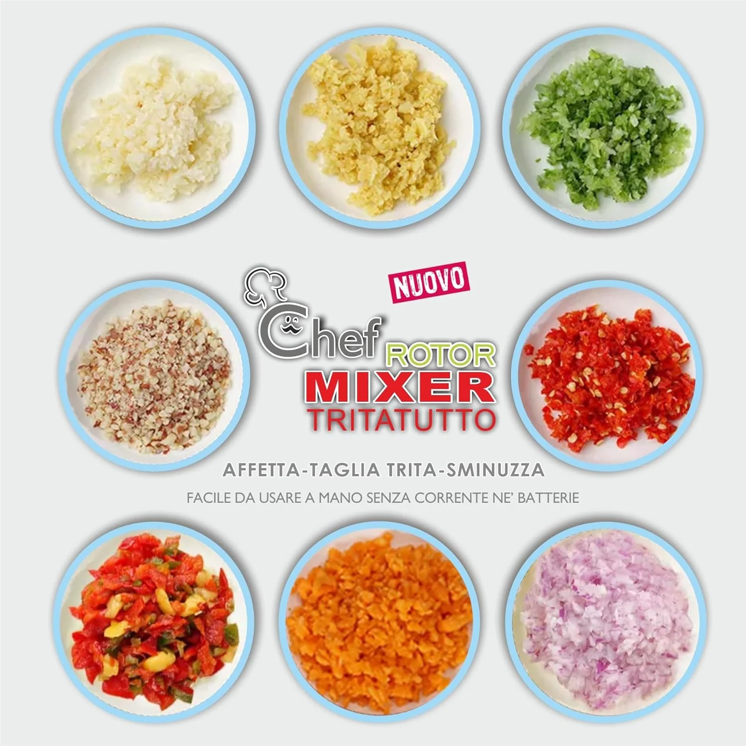 Mixer Tritatutto Manuale, 5 Lame acciaio Inox, Trita Verdure Manuale, Frullatore Manuale Taglio di Cipolla Manuale Tritaverdure da Cucina, press Chopper, 2 Contenitori 900 + 500 ml - Image 6