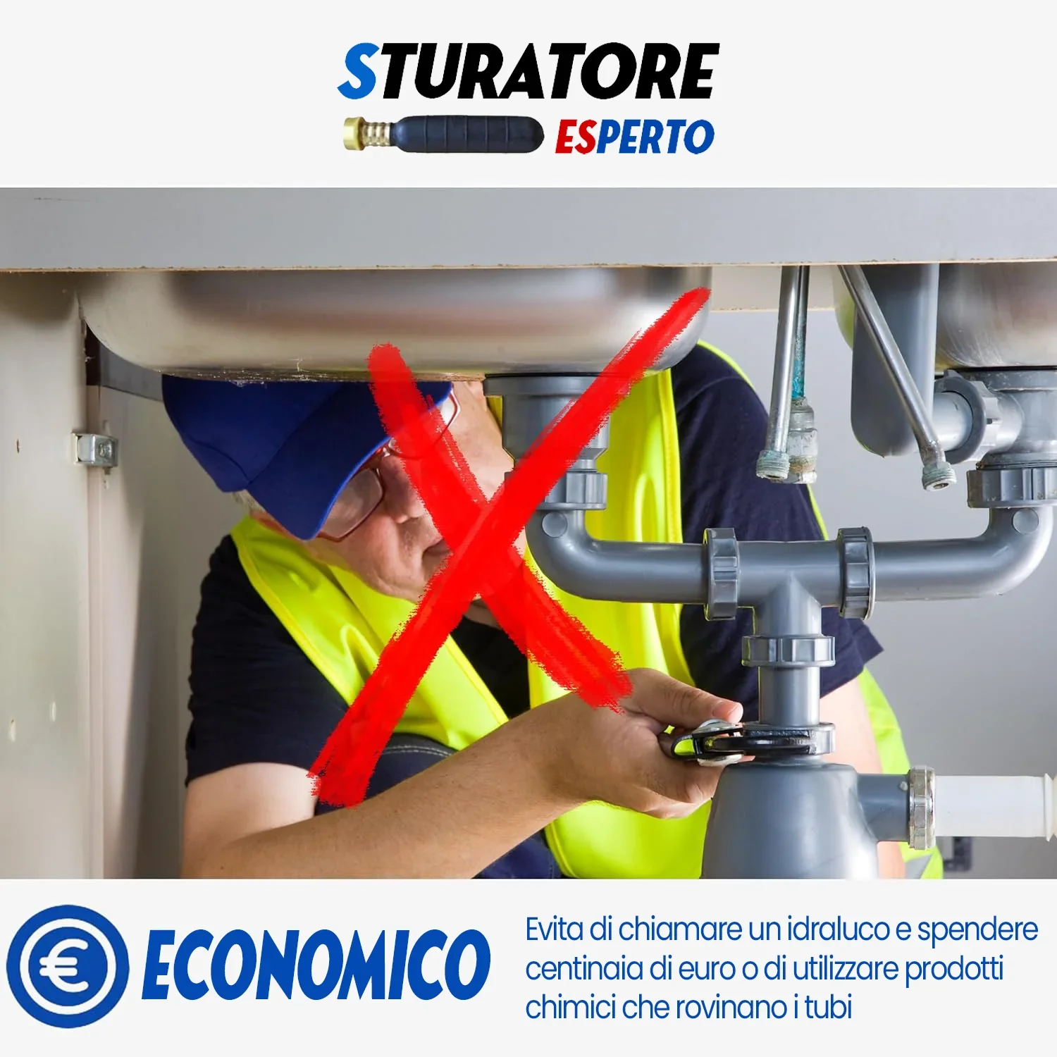 Sturatore Esperto® - Disgorgante ecologico ad alta pressione, facile e veloce, per, Lavandini, Vasche, Wc, Vasche, Grondaie, Scarichi (32-80mm) - Image 5