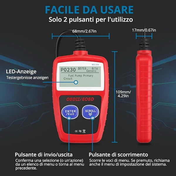 Tester OBD2 Scanner, OBDII 2 Bottoni Dispositivo Diagnostica Auto, Lettura dei codici Scanner con definizione DTC,  Multilingue Strumento Diagnostica Autoveicoli - Image 3