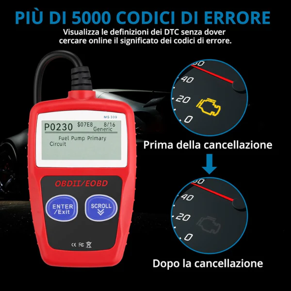 Tester OBD2 Scanner, OBDII 2 Bottoni Dispositivo Diagnostica Auto, Lettura dei codici Scanner con definizione DTC,  Multilingue Strumento Diagnostica Autoveicoli - Image 4
