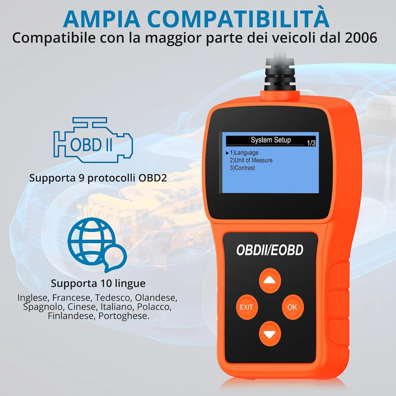 Tester Scanner, OBD2 OBDII Dispositivo Diagnostica Auto, Lettura dei codici Scanner con definizione DTC,  Multilingue Strumento Diagnostica Autoveicoli - Image 5